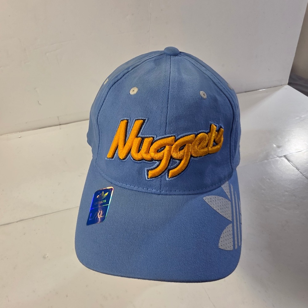 Vtg Adidas Denver Nuggets NBA Hat Light Blue‎ Yellow Flexfit Cap L/XL New Y2K